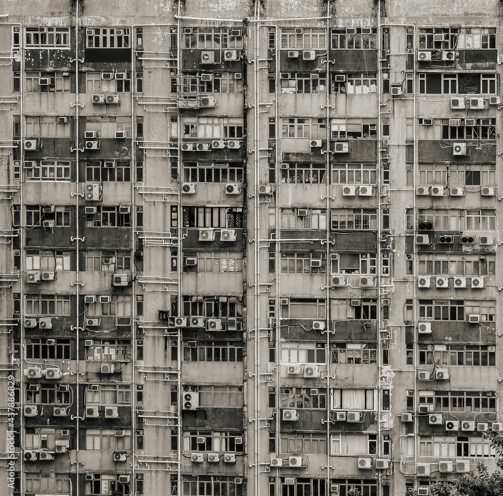 Exterior of apartment building; Black and White style - obrazy, fototapety, plakaty 