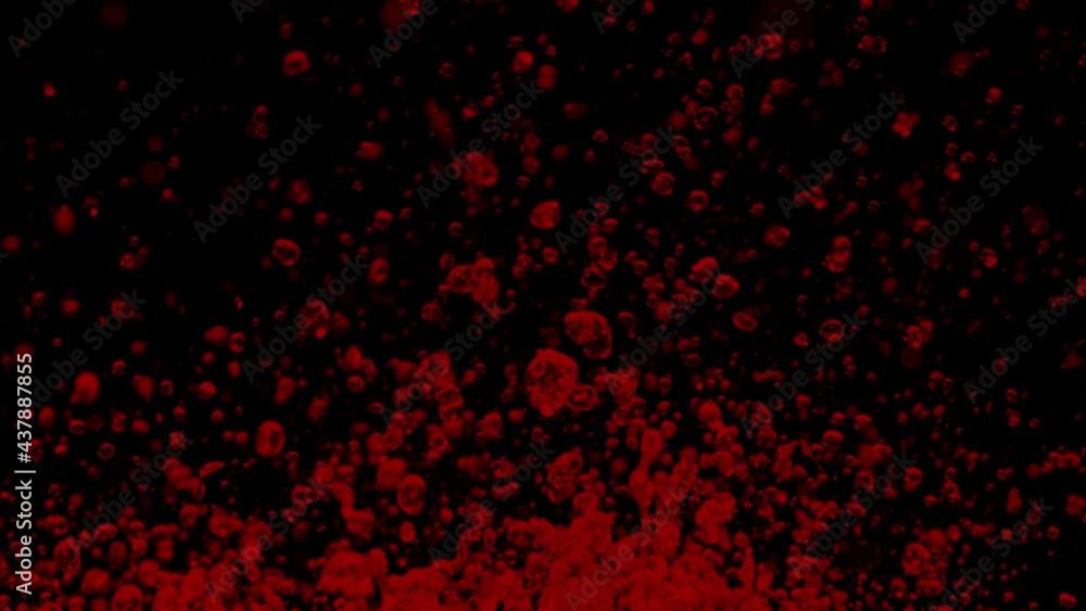 Red drops of water fly up and spray in different directions on black background. Macro shot of transparent liquid creating droplets and splashes caused by sound vibrations. Slow motion. Close up. Red drops of water fly up and spray in different directions on black background. Macro shot of transparent liquid creating droplets and splashes caused by sound vibrations. Slow motion. Close up.