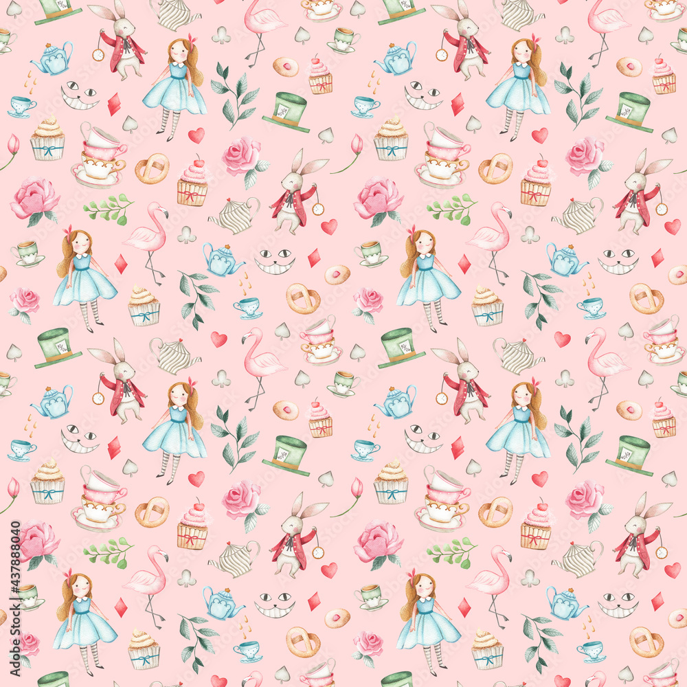 Alice in wonderland Watercolor illustration pattern Alice in wonderland Watercolor illustration pattern