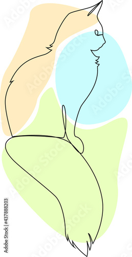 A cat with a fluffy tail. Vector line art illustration.
