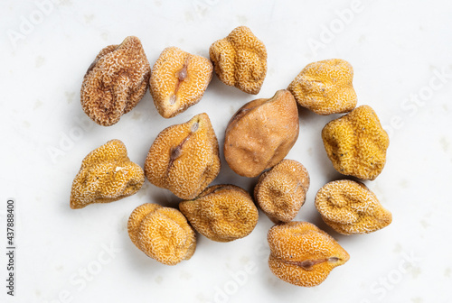 several raw black chickpeas close up on gray photo