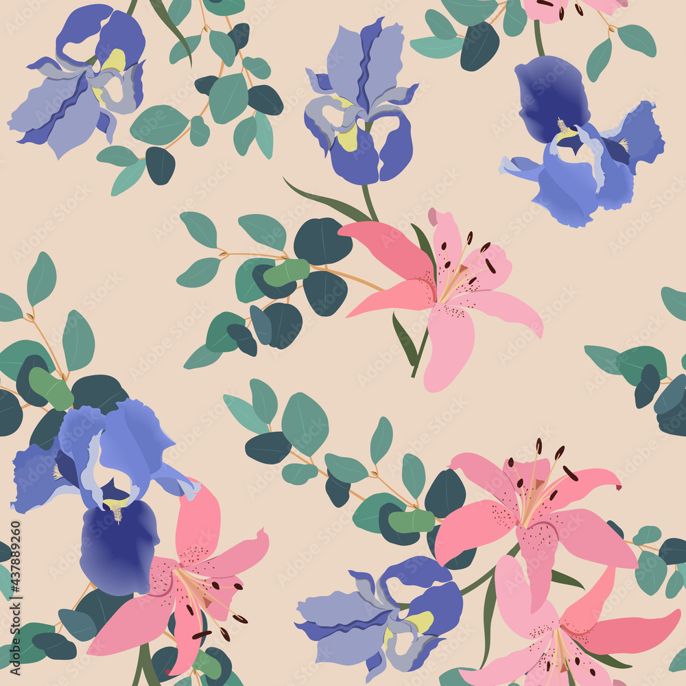 Seamless pattern with decorative iris flower, lily and branch eucalyptus on a beige background. Seamless pattern with decorative iris flower, lily and branch eucalyptus on a beige background.