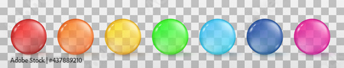 Multicolored glass transparent spheres, colored shiny balls or round glossy beads