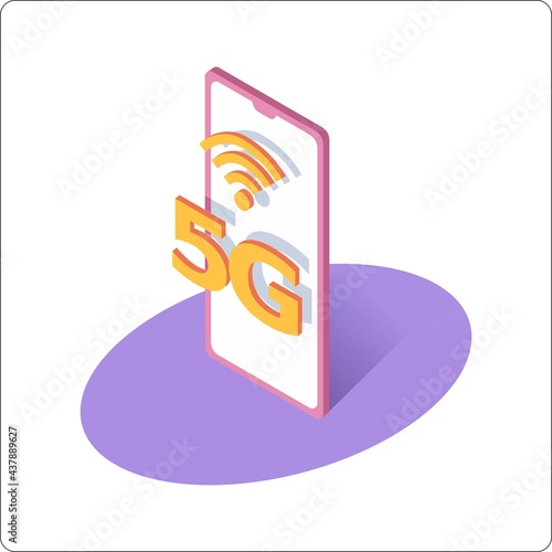 5G network wireless technology. Isometric smartphone with big letters 5g. High-speed mobile Internet. 3d isometric vector illustration.
