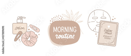 Set of vector stickers in a hand-drawn style. Lettering morning routine on abstract background with tropical leaves, pastel colors. Sheet mask, lotion, hairpins, band for hair. fashionable accessories