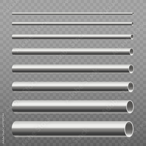 Set of steel pipes of various diameter, realistic vector illustration isolated.