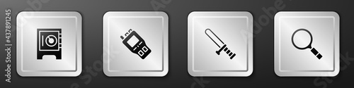 Set Safe, Walkie talkie, Police rubber baton and Magnifying glass with search icon. Silver square button. Vector