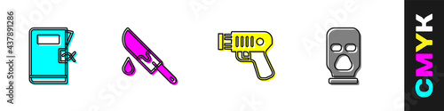 Set Police station folder, Bloody knife, electric shocker and Balaclava icon. Vector