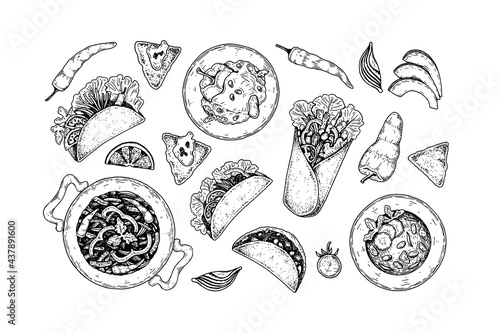 Set of hand drawn Mexican food. Vector illustration in sketch style