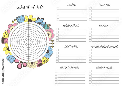 Printable A4 paper sheet with Wheel of Life - diagram with blank lines to fill and hand drawn flowers. Coaching tool for bullet journal page, daily planner template, blank for notebook.