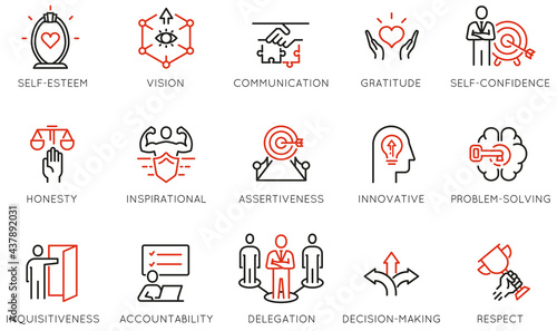 Vector Set of Linear Icons Related to Leadership Traits, Qualities for Success. Development and Teamwork. Mono Line Pictograms and Infographics Design Elements - part 5 photo