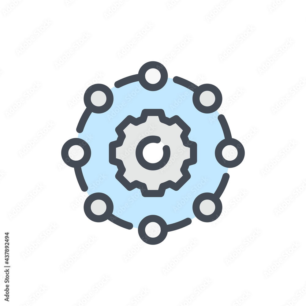 Combined settings and options color line icon. Circle of connections with gear vector outline colorful sign. Combined settings and options color line icon. Circle of connections with gear vector outline colorful sign.