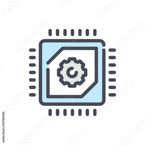 Computer chip with gear color line icon. Microchip or processor with connections vector outline colorful sign.