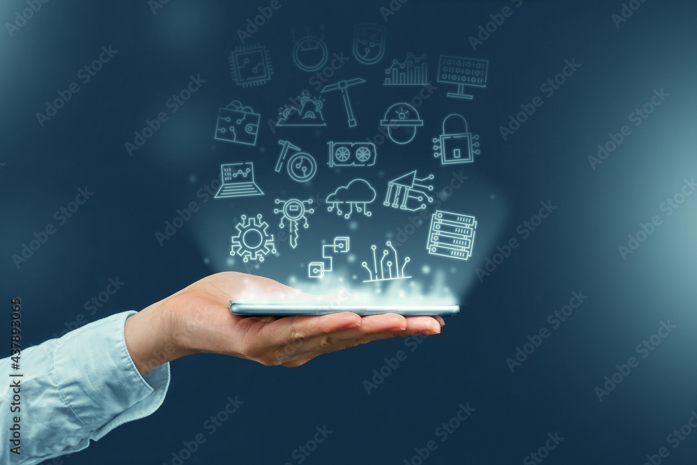 Person holding smartphone with crypto business icons projection Person holding smartphone with crypto business icons projection
