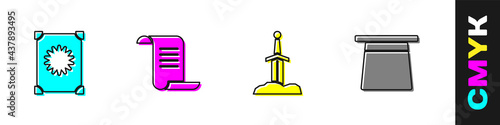 Set Ancient magic book, , Sword in the stone and Magic hat icon. Vector