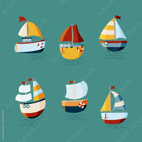 Set of 6 different boats in flat style. Isolated images on blue background.