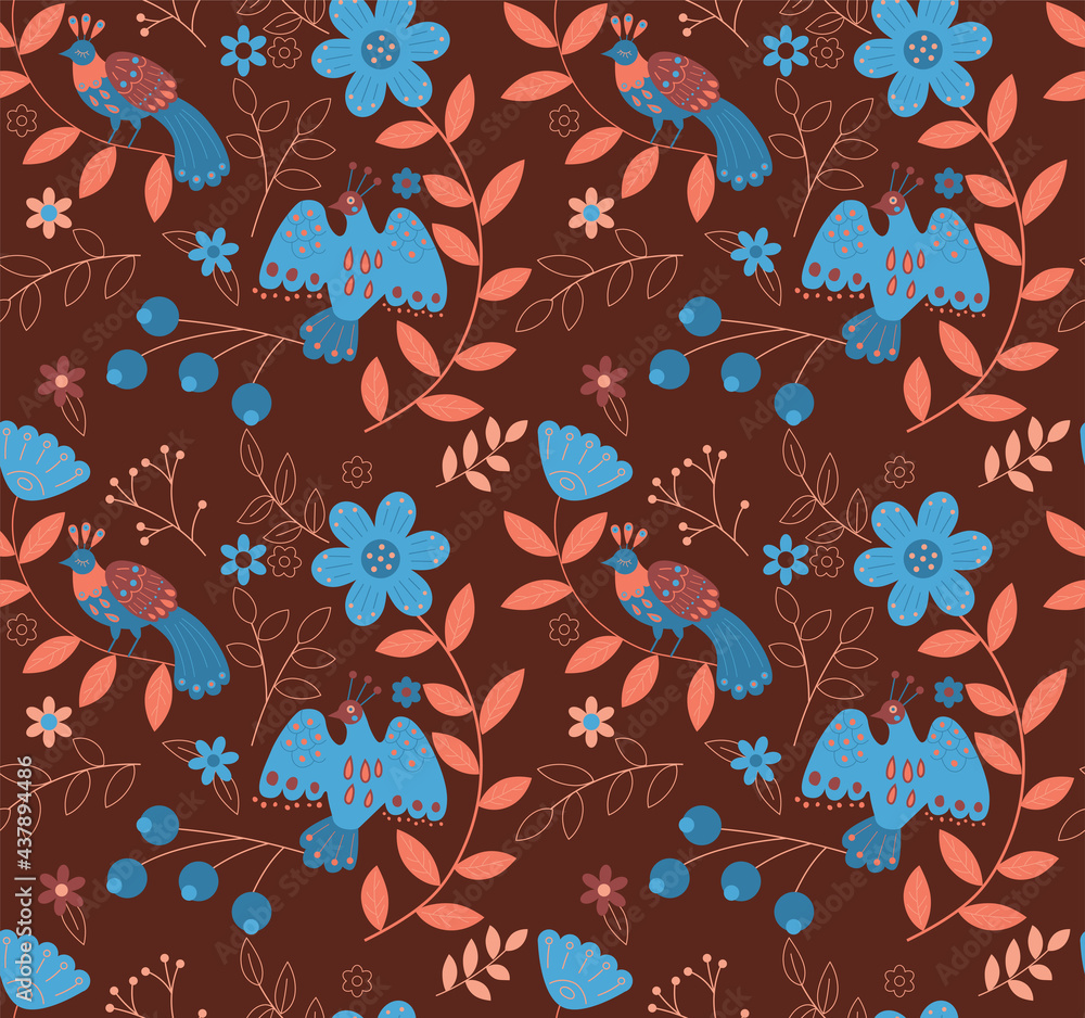 vector seamless pattern in orange and blue palette on dark brown background of stylized ethnic nature, tribal floral pattern vector seamless pattern in orange and blue palette on dark brown background of stylized ethnic nature, tribal floral pattern