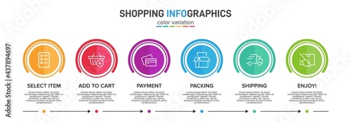 Concept of shopping process with 6 successive steps. Six colorful graphic elements. Timeline design for brochure, presentation, web site. Infographic design layout.