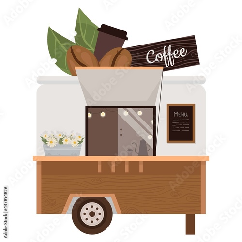 Vector coffee trucks. Illustration street drink bus. Vintage bus.
