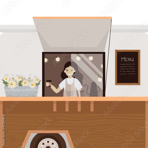 Vector coffee trucks. Illustration street drink bus. Vintage bus.