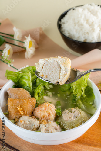 Yong tau foo , yong tau fu or Liong Tahu (In Indonesia). is a Hakka Chinese cuisine consisting primarily of tofu filled with ground meat mixture or fish paste. photo