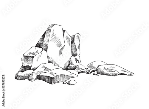 Rock ruins or heap of stones engraving vector illustration isolated on white.