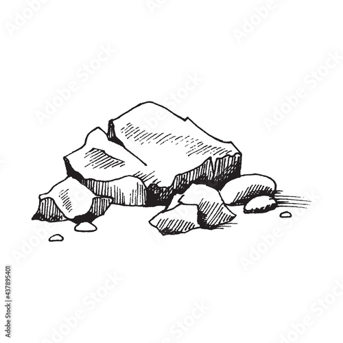 Stone pile of cobblestones or boulders, engraving vector illustration isolated.