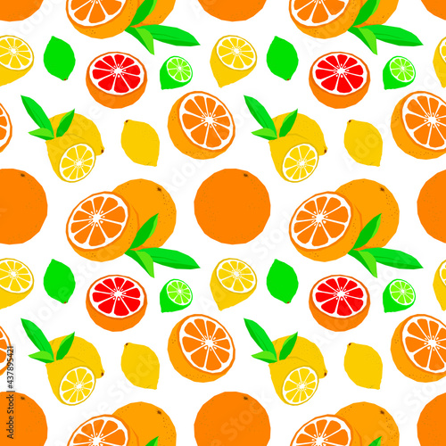 Fruit citrus seamless pattern orange lemon and lime flat illustration