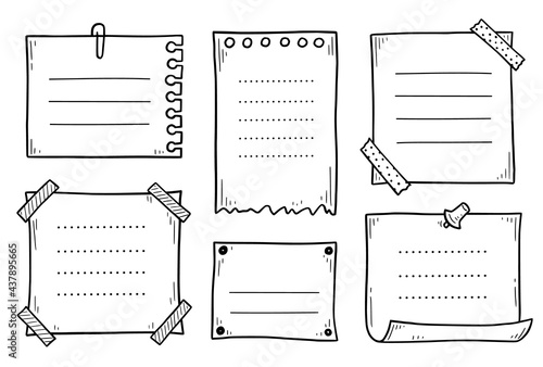 Hand drawn set of paper memo sticky. Doodle sketch style. Reminder paper sticker for pin notice, text. Vector illustration.