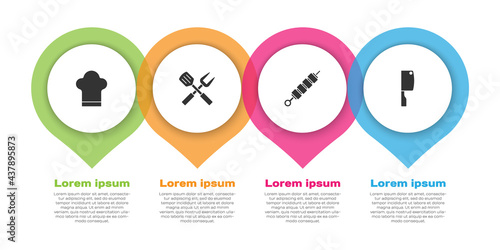 Set Chef hat, Crossed fork and spatula, Grilled shish kebab and Meat chopper. Business infographic template. Vector