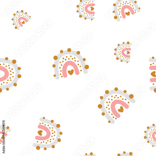 Vector cute seamless pattern with colored rainbow. Simple repeated texture with scandinavian elements. Template for baby textile and wrapping paper. background with hand drawn element heart