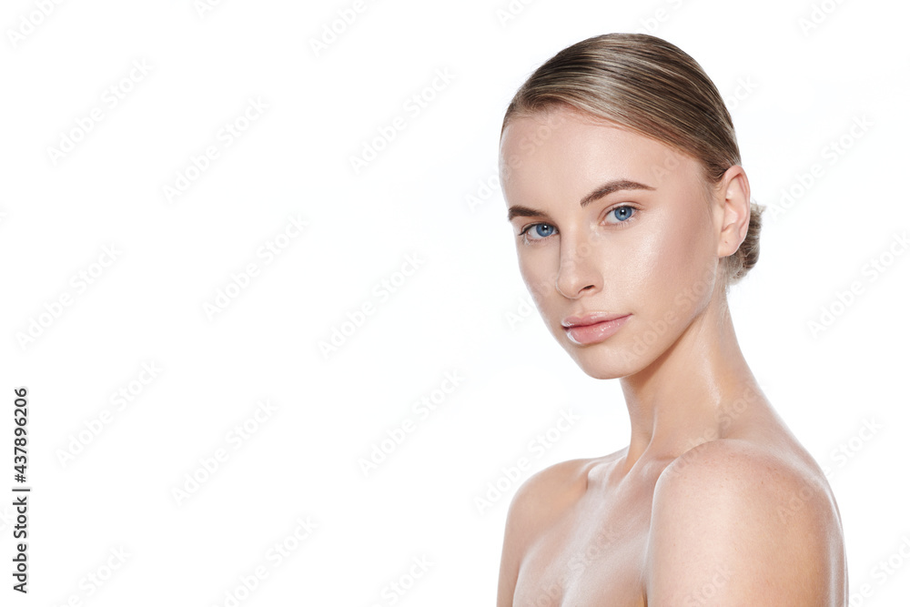 Beautiful young woman with blue eyes and blond hair studio portrait on white background. Model with light nude make-up, beauty portrait with copy space. Beautiful young woman with blue eyes and blond hair studio portrait on white background. Model with light nude make-up, beauty portrait with copy space.