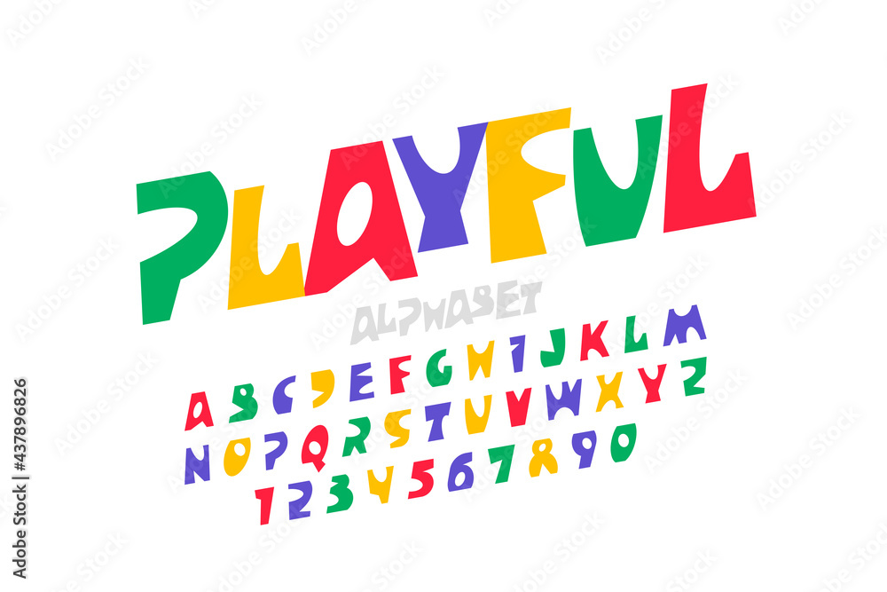 Playful style font design, colorful childish alphabet, letters and numbers vector illustration Playful style font design, colorful childish alphabet, letters and numbers vector illustration