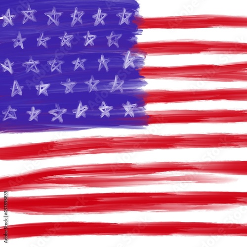 Hand drawing pictures of American flag. Brush strokes of water colors painted in red, blue and white stars on white background.