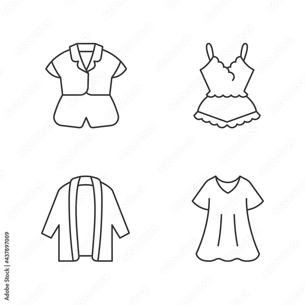 Homewear linear icons set. Silk top and shorts. Lace pyjamas. Long cardigan. Comfortable sleepwear. Customizable thin line contour symbols. Isolated vector outline illustrations. Editable stroke