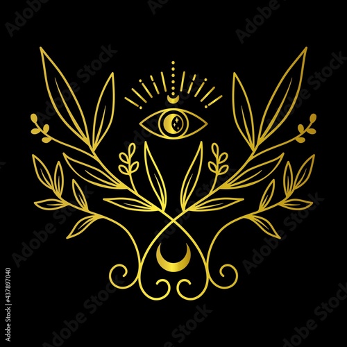 Pagan symbolic with floral ornament third eye and crescent moon. Esoteric illustration for logo tattoo design tarot cards