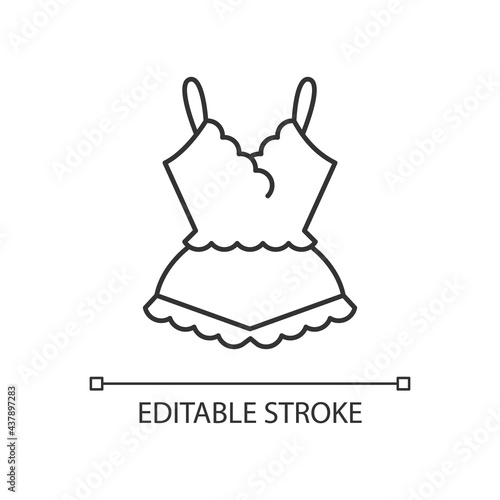 Lace pyjamas linear icon. Elegant nightgown for ladies. Trendy sleepwear for women. Thin line customizable illustration. Contour symbol. Vector isolated outline drawing. Editable stroke