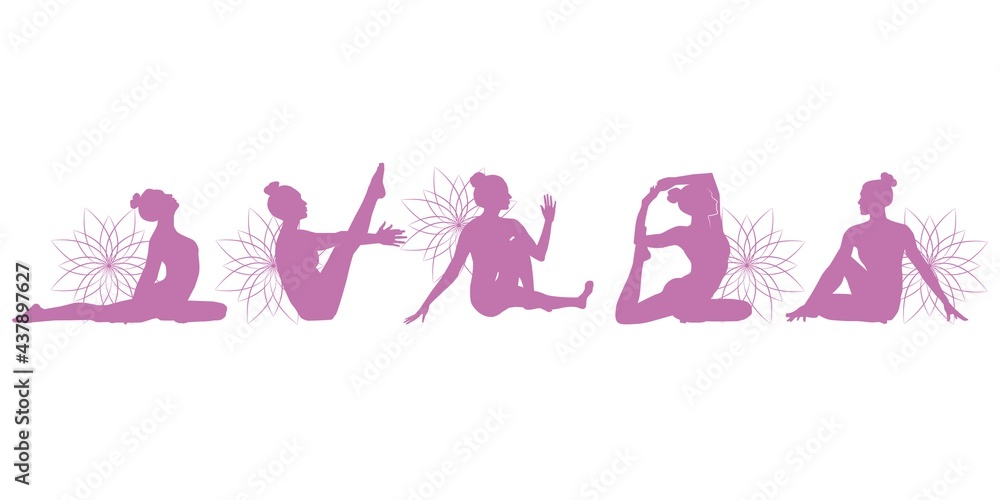 Set of healing yoga poses women icons decoration with flowers. Yoga poses woman silhouette. Vector illustration. Card, logo, greeting, invitation and web design. Set of healing yoga poses women icons decoration with flowers. Yoga poses woman silhouette. Vector illustration. Card, logo, greeting, invitation and web design.