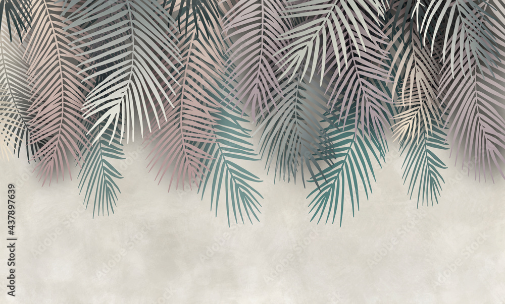 Palm leaves, palm branches, abstract drawing, tropical leaves. - obrazy, fototapety, plakaty 