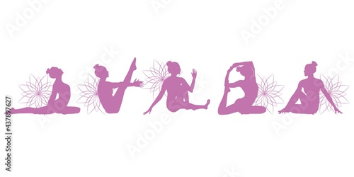 Set of healing yoga poses women icons decoration with flowers. Yoga poses woman silhouette. Vector illustration. Card, logo, greeting, invitation and web design.