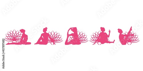 Set of healing yoga poses women icons decoration with flowers. Yoga poses woman silhouette. Vector illustration. Card, logo, greeting, invitation and web design.