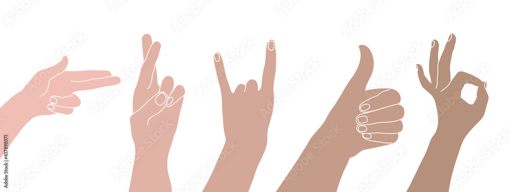 Different gestures of hands with fingers on a white background. Vector set of hands with different skin tones, showing that everything is ok, shooting like a pistol, fingers crossed. Different gestures of hands with fingers on a white background. Vector set of hands with different skin tones, showing that everything is ok, shooting like a pistol, fingers crossed.