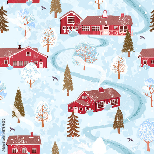 Vector seamless background with colorful illustration of winter landscape with a house in the Scandinavian style. Use it for wallpaper, pattern fills, surface textures, textile print, wrapping paper