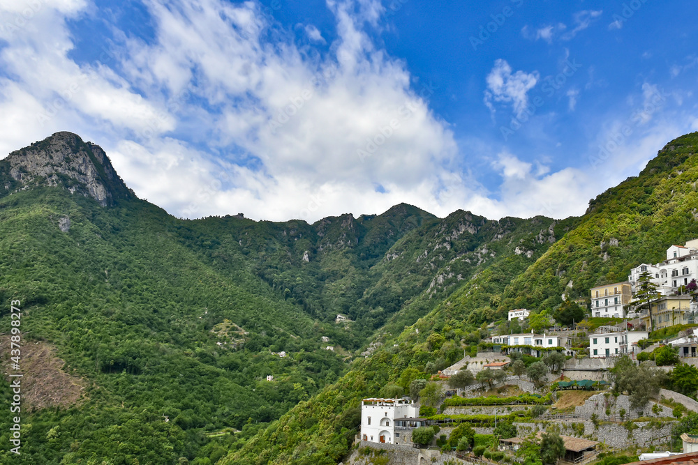 Panoramic view of the Albori valley, a village on the Amalfi coast in Italy.