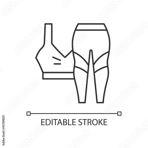 Workout clothes linear icon. Female sportswear. Bra top, leggings. Pants, shirt for gym activity. Thin line customizable illustration. Contour symbol. Vector isolated outline drawing. Editable stroke
