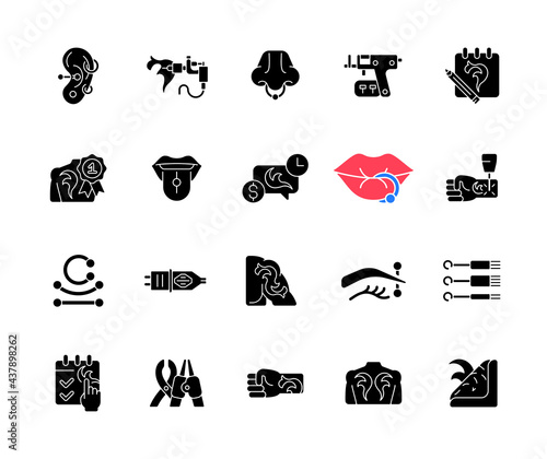 Tattoo and piercing black glyph icons set on white space. Creating beautiful pictures on human skin. Valuable jewellery in body. Professional tools. Silhouette symbols. Vector isolated illustration