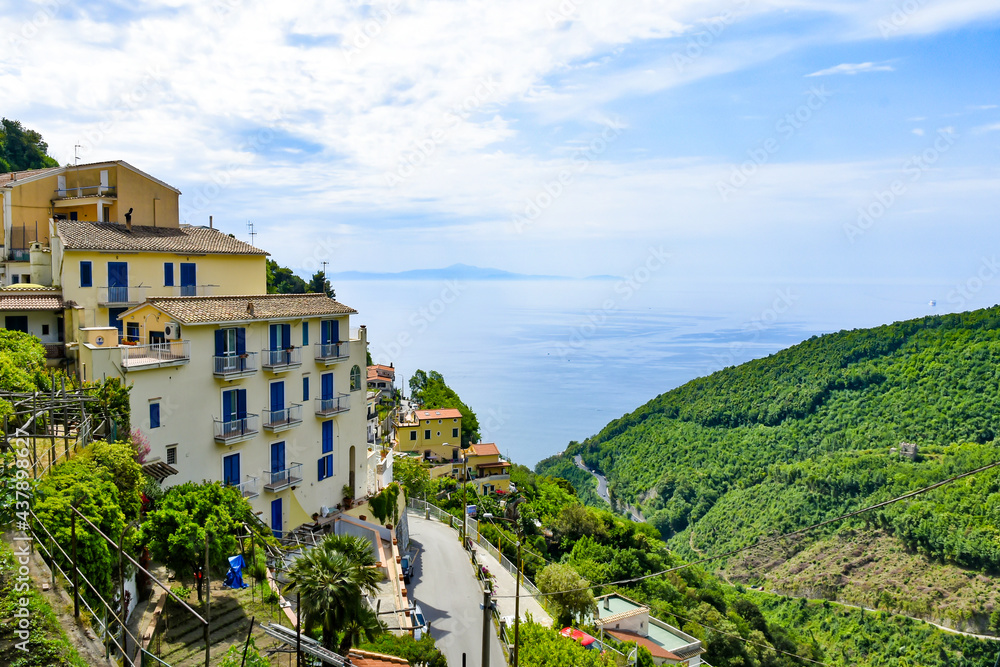 Panoramic view of the sea from Albori, a village on the Amalfi coast, Italy.