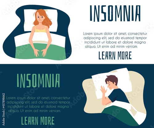 Two vector flat banners with concept of sleep disorder and insomnia.