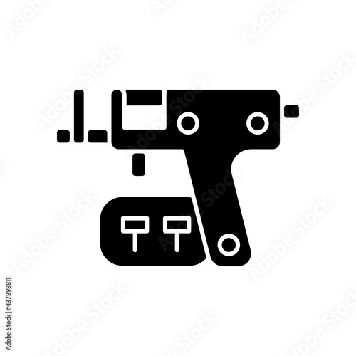 Piercing gun black glyph icon. Special instrument for making holes in body skin. Injecting jewellery in human body. Modern style. Silhouette symbol on white space. Vector isolated illustration