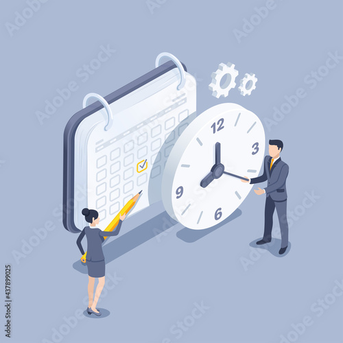 isometric vector illustration on gray background, man and woman in business suits are standing near the calendar and clock, organizing work time and planning the date